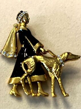 Vintage 1928 Jewelry Co. Art Deco  Flapper Lady and Borzoi Dog Brooch.